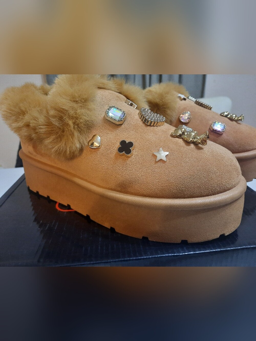 Rouge! tan jeweled platform fur-lined slippers